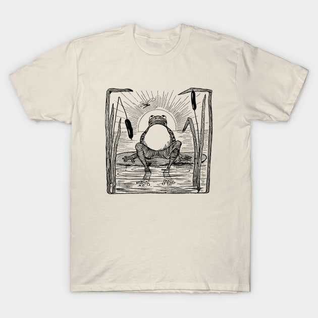Cute Grumpy Frog in Full Moon, Toad Sitting Under Large Moon, Cottagecore Phrog Drawing, Naturecore Froge T-Shirt by Ministry Of Frogs